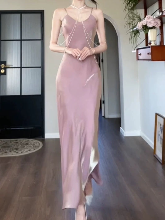 Simple Sheath Spaghetti Straps Semi Formal Summer Garden Beach Spring Event Outfits Pink Wedding Guest Dresses RB4972