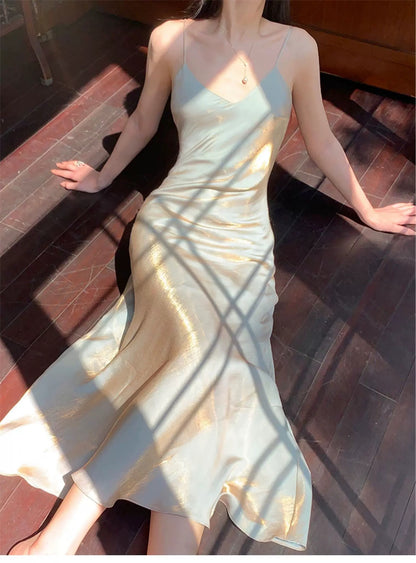 Minimalist Solid Swing Midi Dress Sheath Spaghetti Straps Semi Formal Summer Garden Beach Spring Green Wedding Guest Dresses RB4974