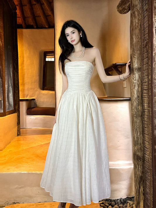 Artistic A line Strapless White Outdoor Semi Formal Summer Garden Beach Event Outfits Wedding Guest Dresses RB4677