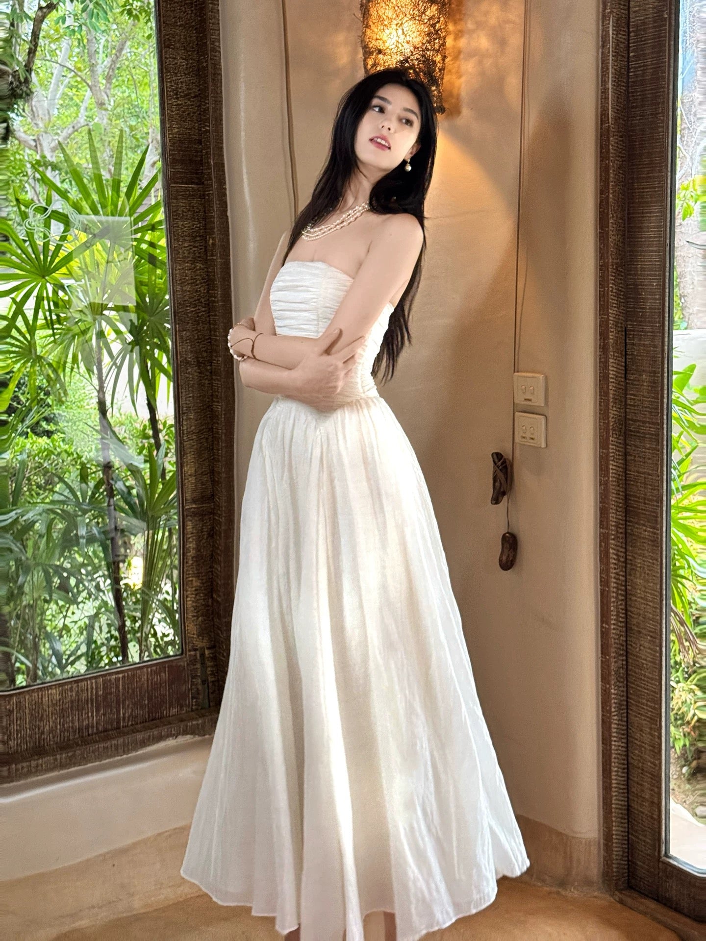 Artistic A line Strapless White Outdoor Semi Formal Summer Garden Beach Event Outfits Wedding Guest Dresses RB4677