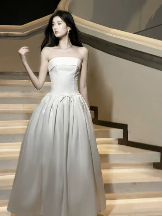 Artistic Ball Gown Strapless White Satin Outdoor Semi Formal Summer Midi Garden Beach Event Outfits Wedding Guest Dresses RB4678
