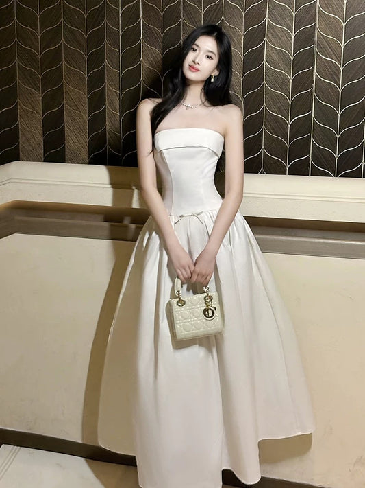 Artistic Ball Gown Strapless White Satin Outdoor Semi Formal Summer Midi Garden Beach Event Outfits Wedding Guest Dresses RB4678
