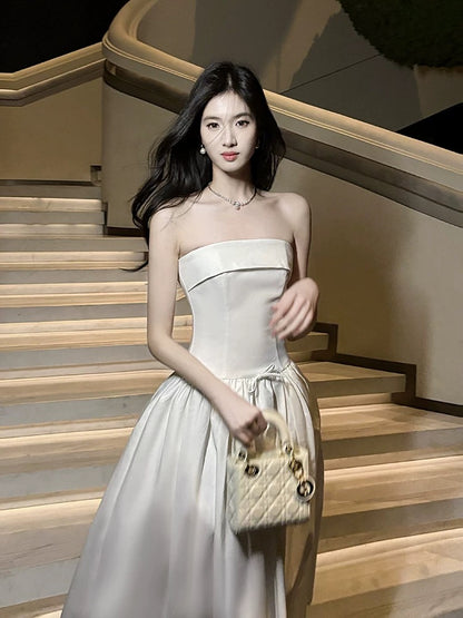 Artistic Ball Gown Strapless White Satin Outdoor Semi Formal Summer Midi Garden Beach Event Outfits Wedding Guest Dresses RB4678