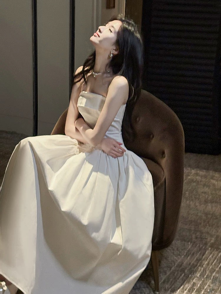 Artistic Ball Gown Strapless White Satin Outdoor Semi Formal Summer Midi Garden Beach Event Outfits Wedding Guest Dresses RB4678