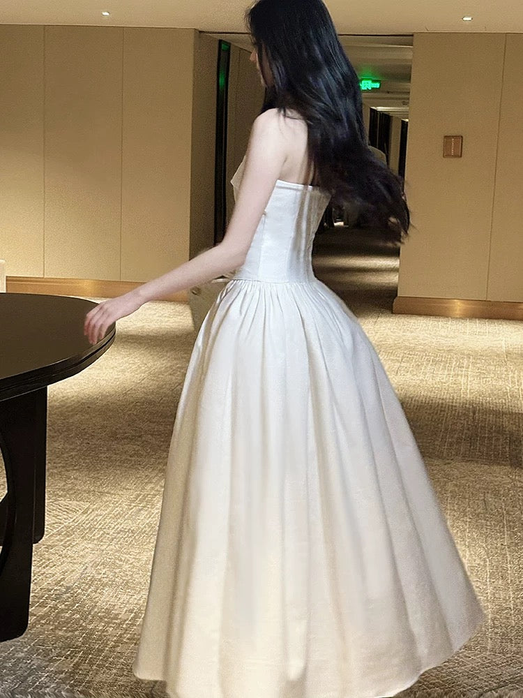 Artistic Ball Gown Strapless White Satin Outdoor Semi Formal Summer Midi Garden Beach Event Outfits Wedding Guest Dresses RB4678