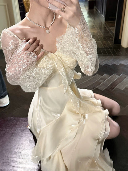 Elegant Mermaid High Low With Long Sleeves Lace Waist-cinching Full-hem Maxi Dress Semi Formal Garden Beach Event Outfits Wedding Guest Dresses RB4979