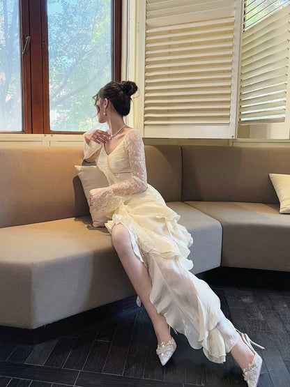 Elegant Mermaid High Low With Long Sleeves Lace Waist-cinching Full-hem Maxi Dress Semi Formal Garden Beach Event Outfits Wedding Guest Dresses RB4979