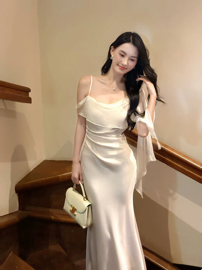 Elegant Mermaid Spaghetti Strap White Satin With Ruffled Sleeveless Outdoor Semi Formal Summer Garden Beach Event Outfits Wedding Guest Dress RB4980