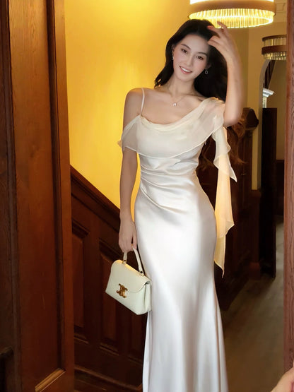 Elegant Mermaid Spaghetti Strap White Satin With Ruffled Sleeveless Outdoor Semi Formal Summer Garden Beach Event Outfits Wedding Guest Dress RB4980