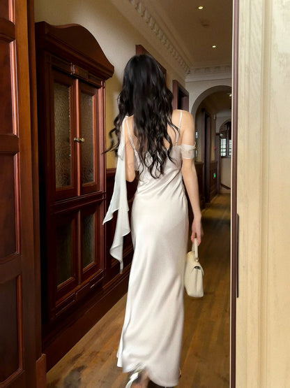 Elegant Mermaid Spaghetti Strap White Satin With Ruffled Sleeveless Outdoor Semi Formal Summer Garden Beach Event Outfits Wedding Guest Dress RB4980