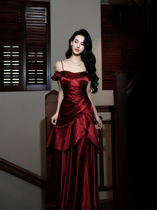 Timeless Mermaid Spaghetti Strap Burgundy Date Night Outfit With Ruffled Outdoor Semi Formal Garden Beach Wedding Guest Dresses RB5016