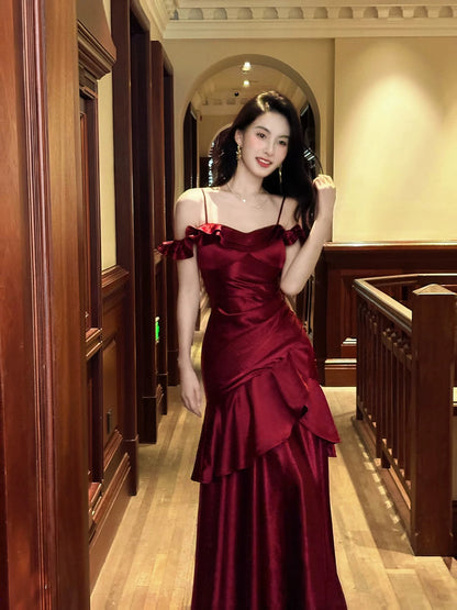 Timeless Mermaid Spaghetti Strap Burgundy Date Night Outfit With Ruffled Outdoor Semi Formal Garden Beach Wedding Guest Dresses RB5016