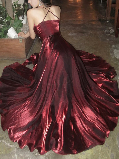 Elegant A Line Spaghetti Strap Burgundy Satin Full-hem Maxi Dress Semi Formal Garden Date Night Outfit Wedding Guest Dresses RB5018