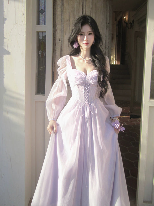 Artistic A Line Square Neck Lilac Chiffon With Long Sleeves Outdoor Semi Formal Summer Garden Event Outfits Wedding Guest Dresses RB5019