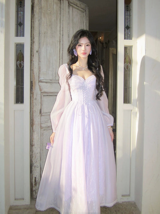 Artistic A Line Square Neck Lilac Chiffon With Long Sleeves Outdoor Semi Formal Summer Garden Event Outfits Wedding Guest Dresses RB5019