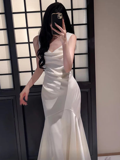 Timeless Mermaid Square Neck Satin White With Ruffled Outdoor Semi Formal Garden Beach Event Outfits Wedding Guest Dresses RB5015