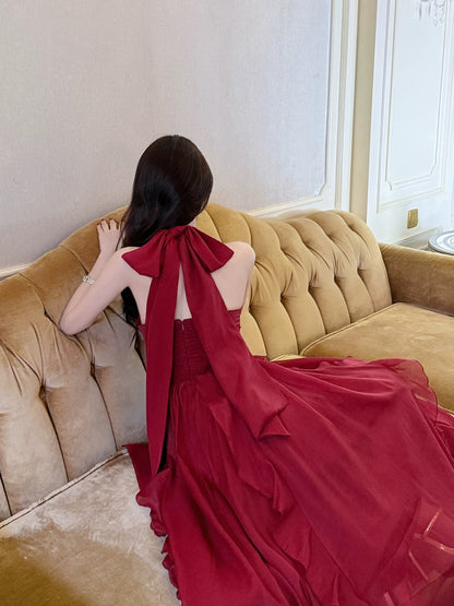 Timeless A Line Halter Sleeveless Burgundy Chiffon Date Night Outfit With Ruffled Outdoor Semi Formal Wedding Guest Dresses RB5022