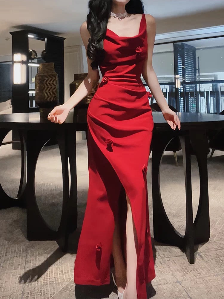 Elegant Mermaid Spaghetti Strap Burgundy Satin Full-hem Maxi Semi Formal Garden Date Night Outfit Wedding Guest Dresses RB5023