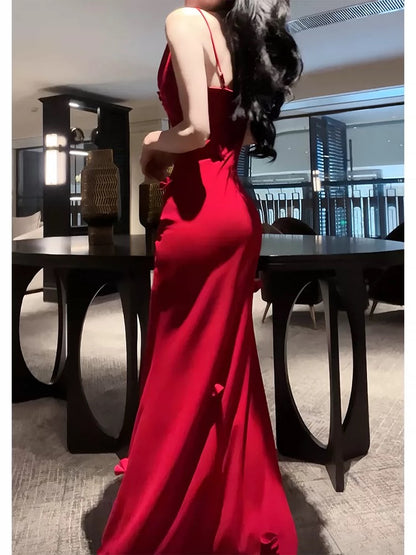 Elegant Mermaid Spaghetti Strap Burgundy Satin Full-hem Maxi Semi Formal Garden Date Night Outfit Wedding Guest Dresses RB5023