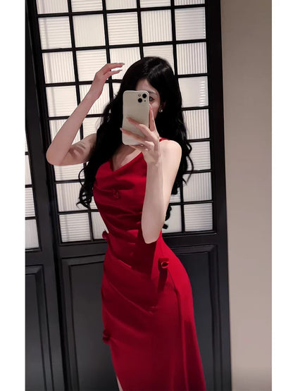 Elegant Mermaid Spaghetti Strap Burgundy Satin Full-hem Maxi Semi Formal Garden Date Night Outfit Wedding Guest Dresses RB5023