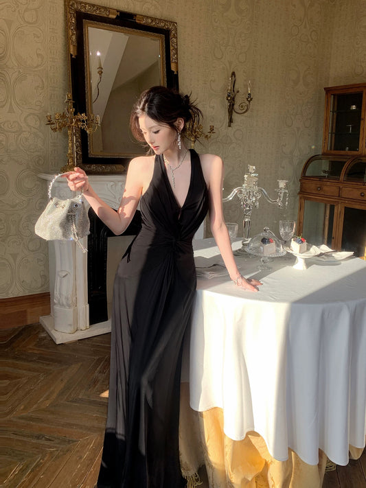Timeless Mermaid Halter Sleeveless Backless Black Tie Dress Date Night Outfit With Ruffled Outdoor Semi Formal Wedding Guest Dresses RB5024