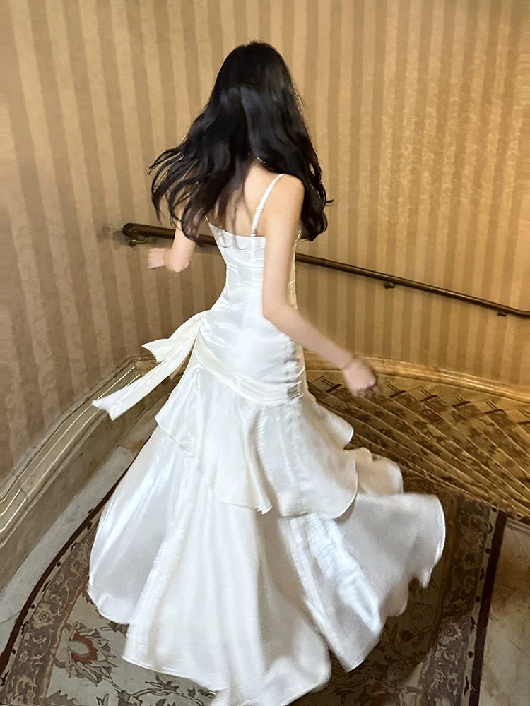 Elegant Mermaid Spaghetti Strap White Sleeveless Date Night Outfit Outdoor Semi Formal Wedding Guest Dresses RB5030