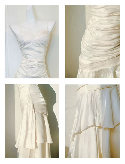 Elegant Mermaid Spaghetti Strap White Sleeveless Date Night Outfit Outdoor Semi Formal Wedding Guest Dresses RB5030