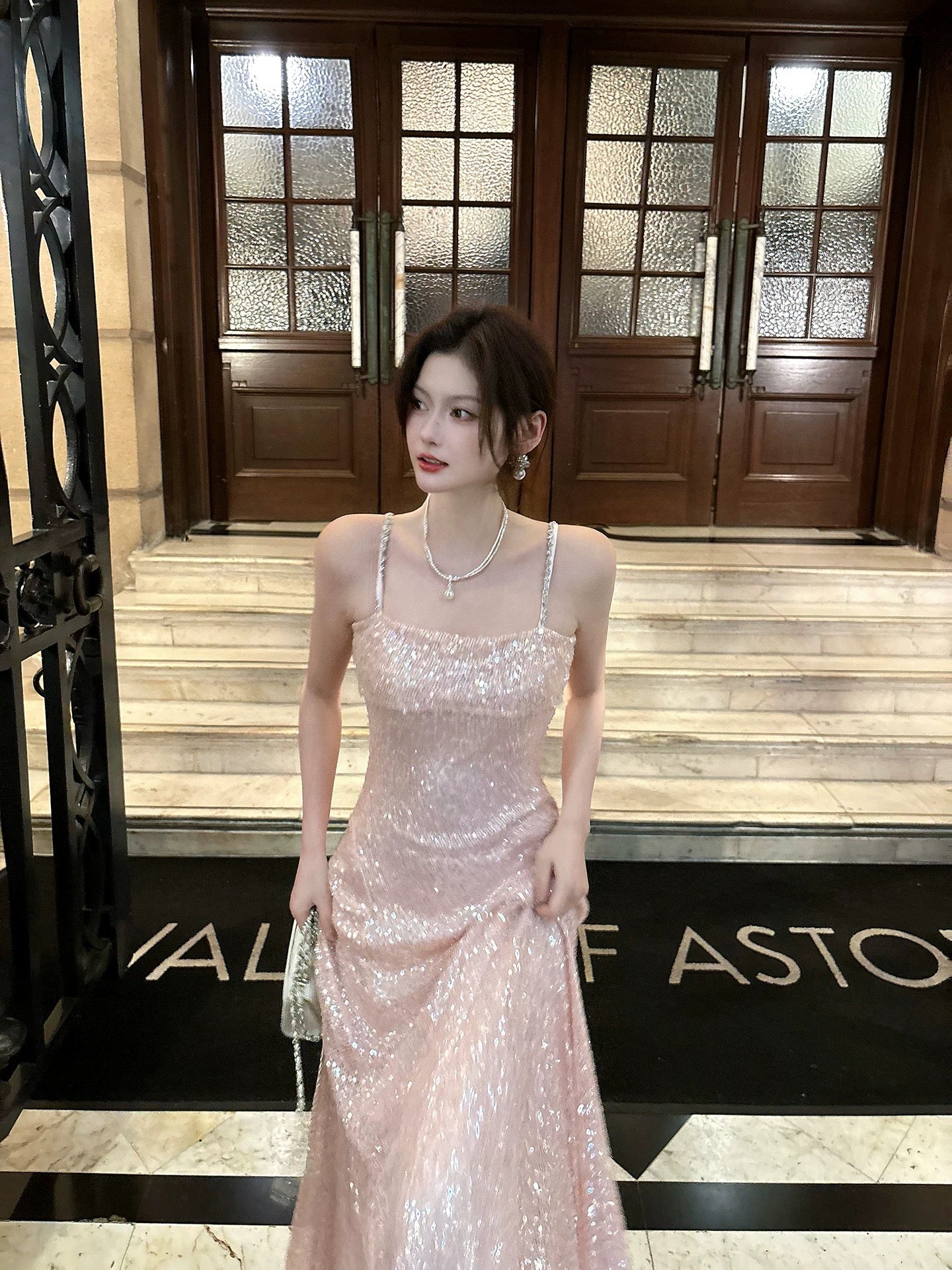 Sparkly Mermaid Spaghetti Strap Pink Sequin Sleeveless Date Night Outfit Outdoor Semi Formal Wedding Guest Dresses RB5025
