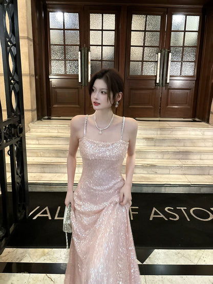Sparkly Mermaid Spaghetti Strap Pink Sequin Sleeveless Date Night Outfit Outdoor Semi Formal Wedding Guest Dresses RB5025