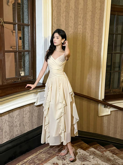 Elegant A Line Spaghetti Strap Chiffon Ruffled Full-hem Maxi Semi Formal Garden Date Night Outfit Wedding Guest Dresses RB5026