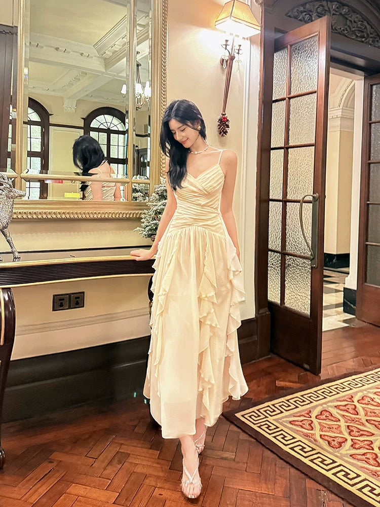 Elegant A Line Spaghetti Strap Chiffon Ruffled Full-hem Maxi Semi Formal Garden Date Night Outfit Wedding Guest Dresses RB5026
