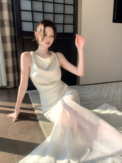Elegant Mermaid Scoop White Satin With Ruffled Full-hem Maxi Semi Formal Garden Date Night Outfit Wedding Guest Dresses RB5027