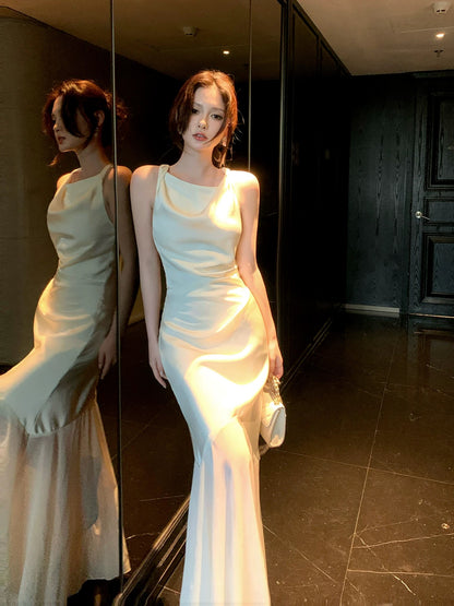 Elegant Mermaid Scoop White Satin With Ruffled Full-hem Maxi Semi Formal Garden Date Night Outfit Wedding Guest Dresses RB5027