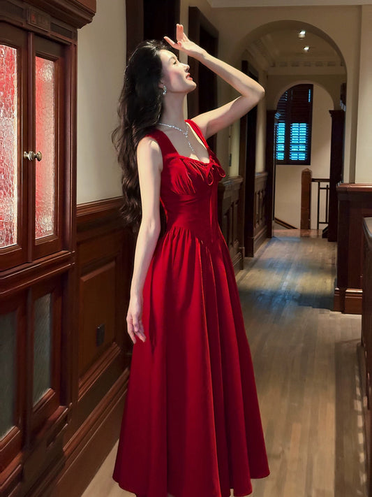 Artistic A Line V Neck Red Chiffon Outdoor Semi Formal Summer Garden Date Night Outfit Wedding Guest Dresses RB5028