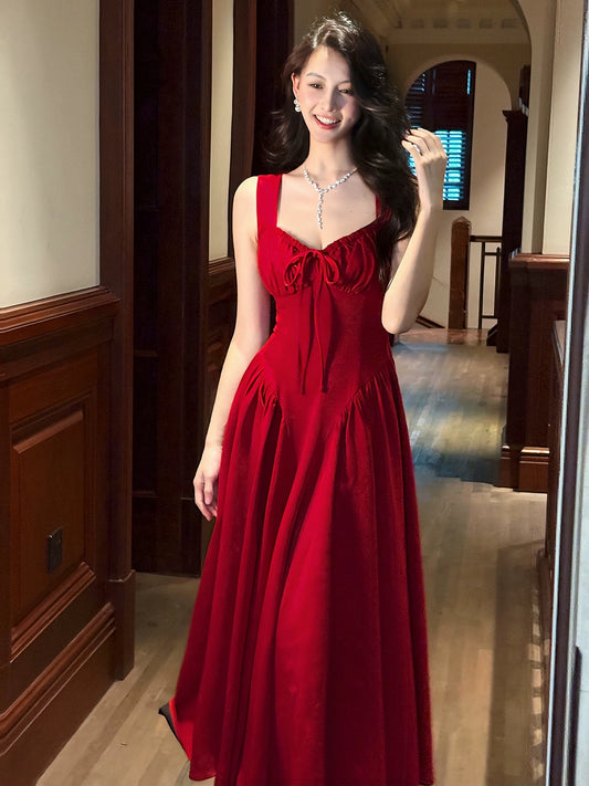 Artistic A Line V Neck Red Chiffon Outdoor Semi Formal Summer Garden Date Night Outfit Wedding Guest Dresses RB5028