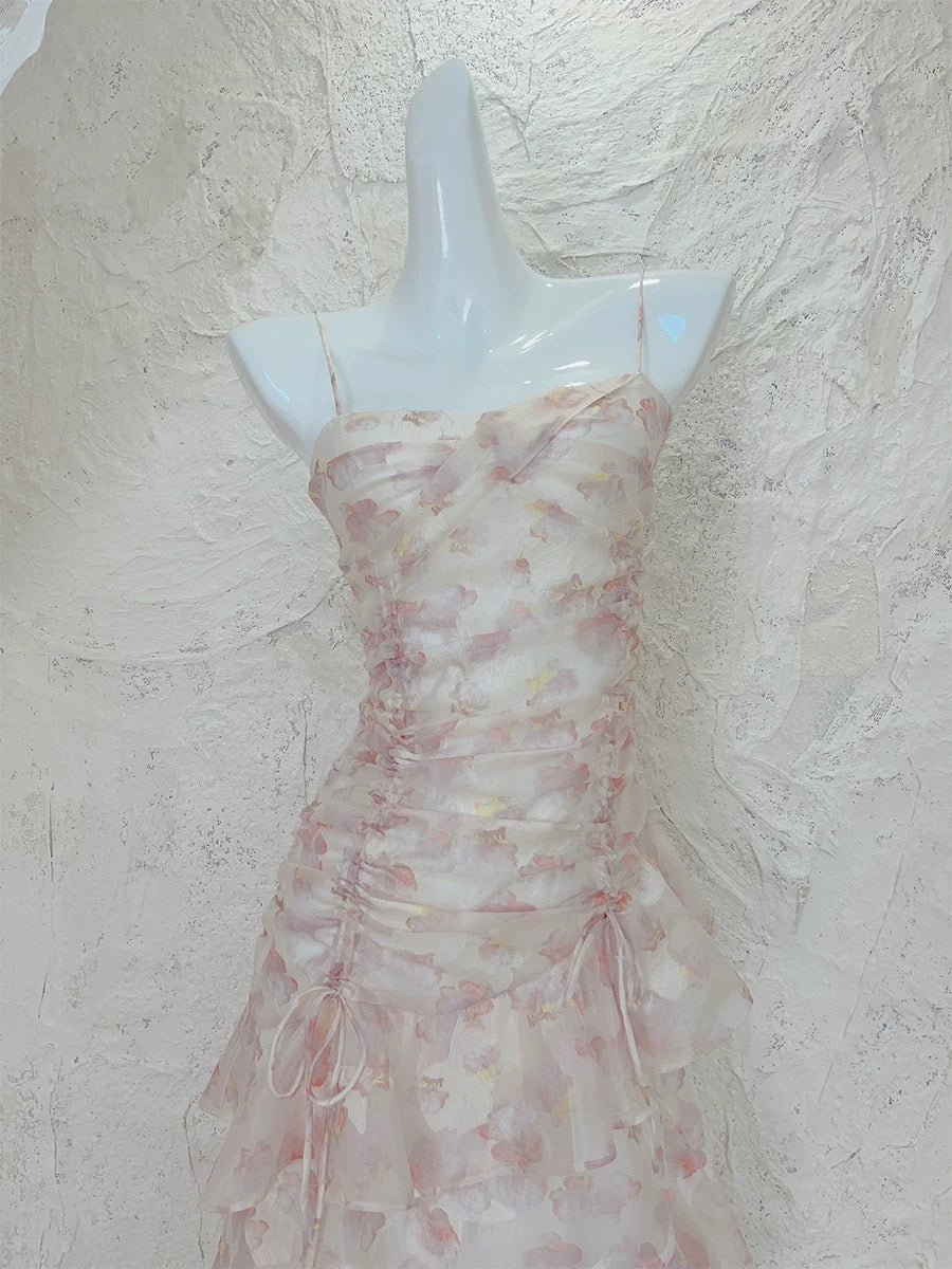 Modest Mermaid Spaghetti Strap Pink Floral Chiffon Sleeveless Outdoor Semi Formal Summer Garden Beach Event Outfits Wedding Guest Dresses RB4984