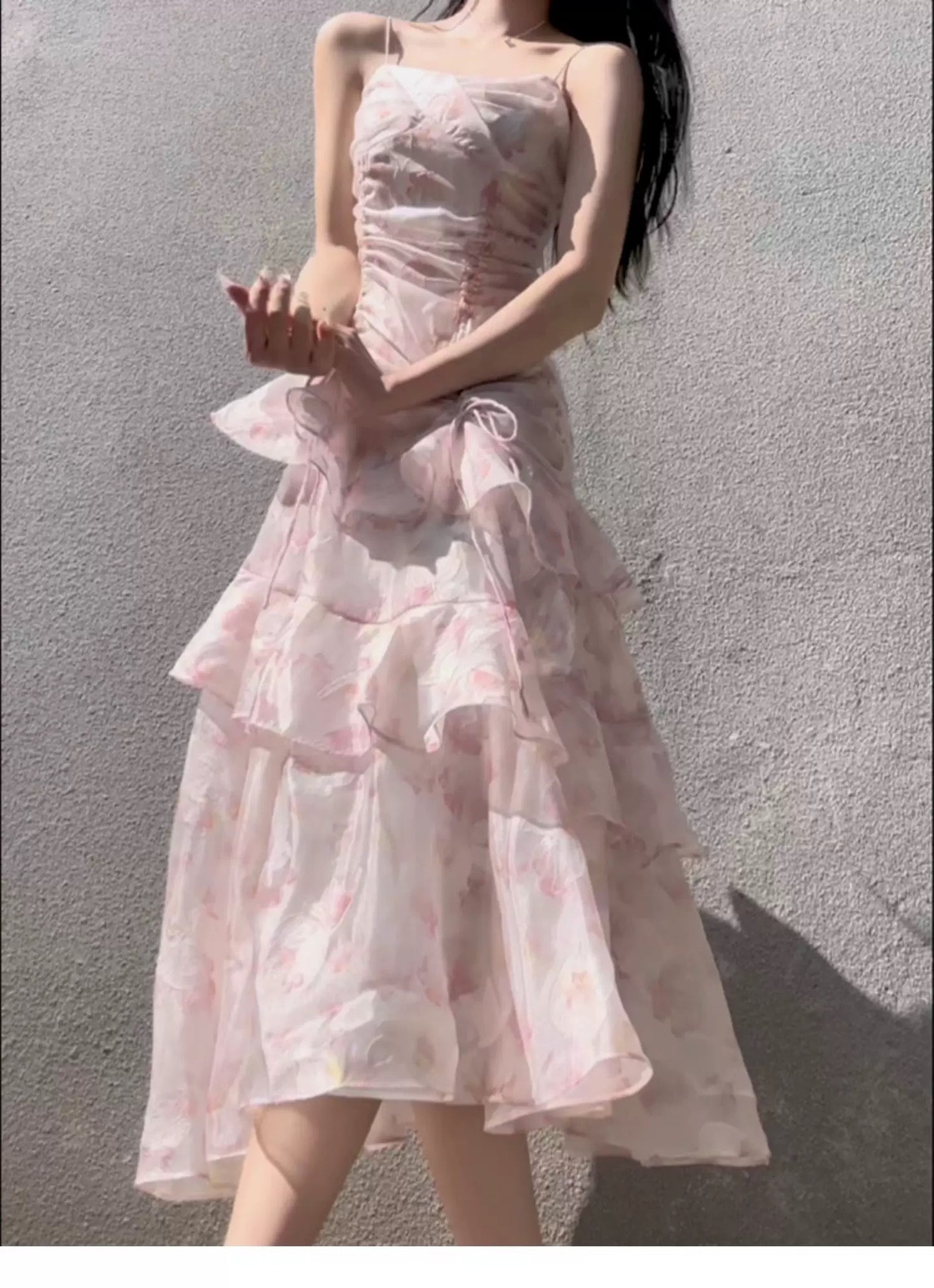 Modest Mermaid Spaghetti Strap Pink Floral Chiffon Sleeveless Outdoor Semi Formal Summer Garden Beach Event Outfits Wedding Guest Dresses RB4984