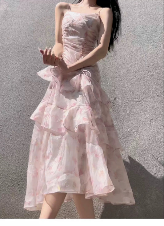 Modest Mermaid Spaghetti Strap Pink Floral Chiffon Sleeveless Outdoor Semi Formal Summer Garden Beach Event Outfits Wedding Guest Dresses RB4984