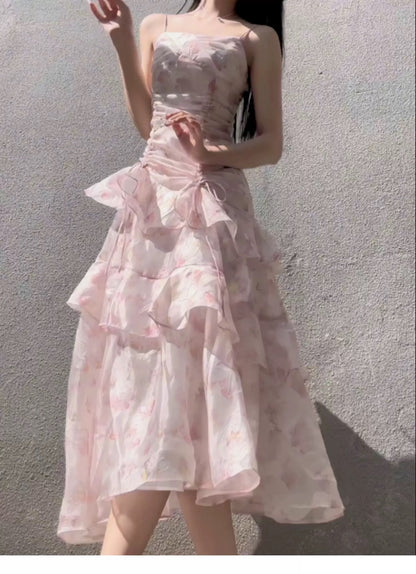 Modest Mermaid Spaghetti Strap Pink Floral Chiffon Sleeveless Outdoor Semi Formal Summer Garden Beach Event Outfits Wedding Guest Dresses RB4984