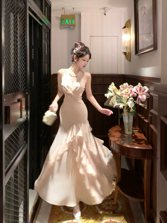 Modest Mermaid Halter Pink Chiffon Sleeveless Outdoor Semi Formal Summer Garden Beach Event Outfits Wedding Guest Dresses RB4986