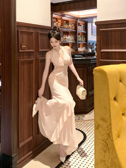 Modest Mermaid Halter Pink Chiffon Sleeveless Outdoor Semi Formal Summer Garden Beach Event Outfits Wedding Guest Dresses RB4986