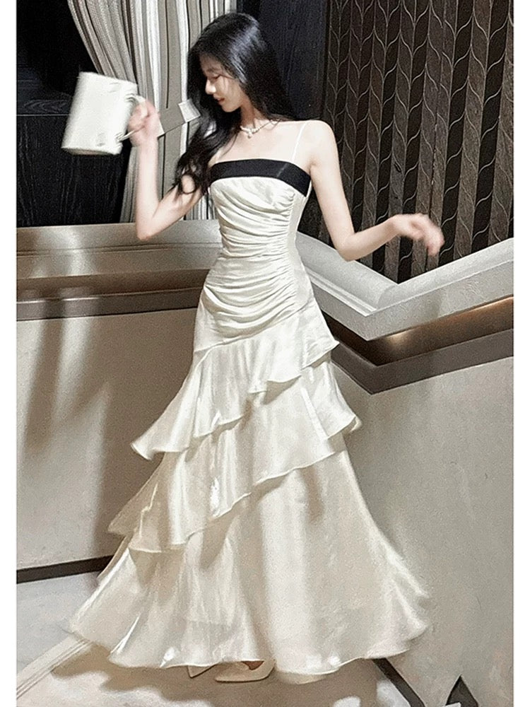 Modest Mermaid Spaghetti Strap White Chiffon Sleeveless Outdoor Semi Formal Summer Garden Beach Event Outfits Wedding Guest Dresses RB4987