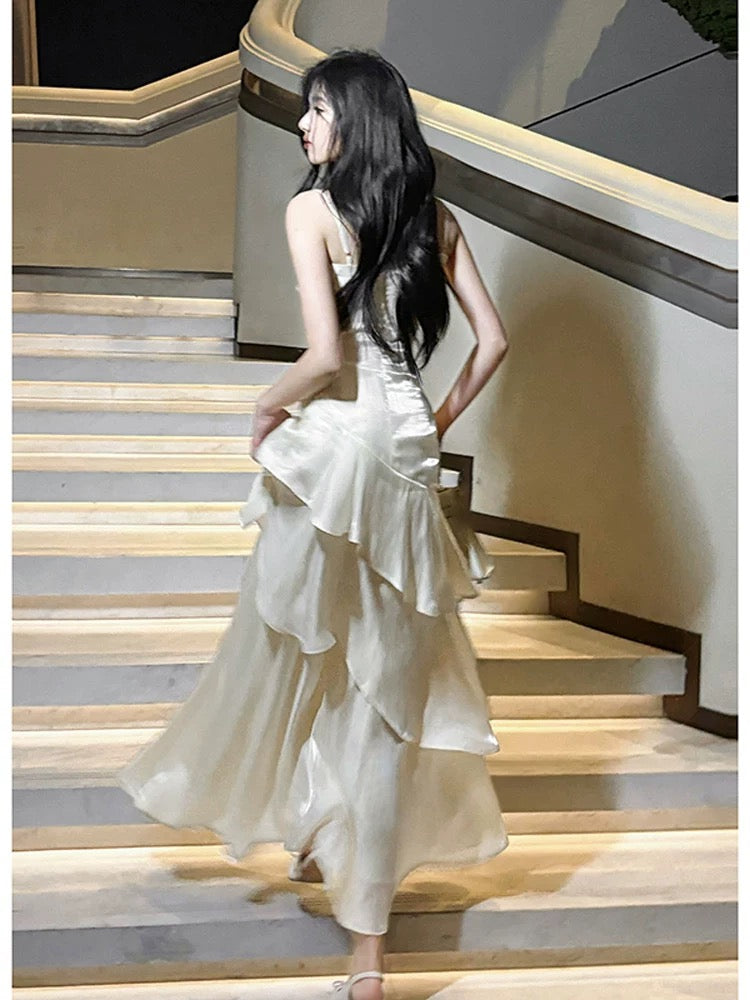 Modest Mermaid Spaghetti Strap White Chiffon Sleeveless Outdoor Semi Formal Summer Garden Beach Event Outfits Wedding Guest Dresses RB4987