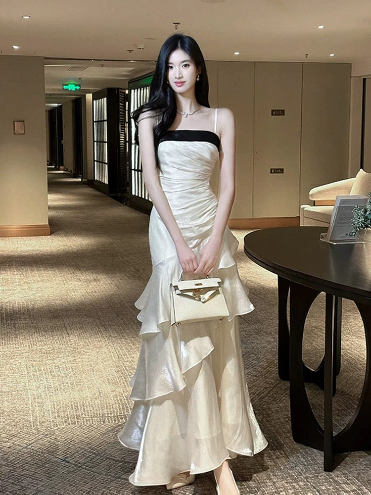 Modest Mermaid Spaghetti Strap White Chiffon Sleeveless Outdoor Semi Formal Summer Garden Beach Event Outfits Wedding Guest Dresses RB4987