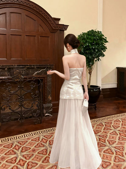 Elegant Mermaid Halter Sequin Waist-cinching Full-hem Maxi Dress Semi Formal Garden Beach Event Outfits Wedding Guest Dresses RB4988