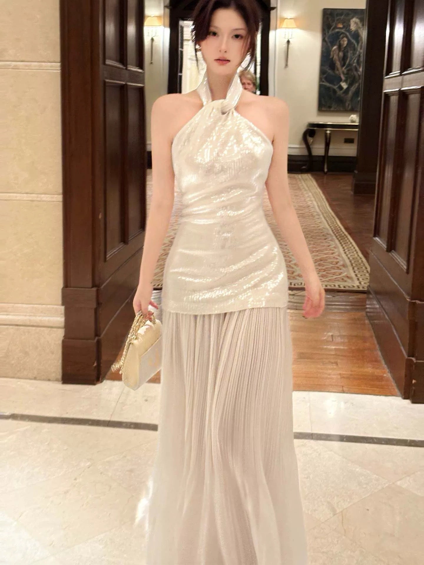Elegant Mermaid Halter Sequin Waist-cinching Full-hem Maxi Dress Semi Formal Garden Beach Event Outfits Wedding Guest Dresses RB4988