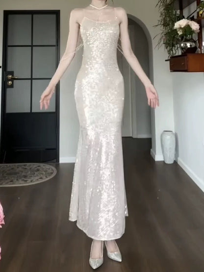 Sparkly Mermaid Spaghetti Strap Sequin Sleeveless Outdoor Semi Formal Summer Garden Beach Event Outfits Wedding Guest Dresses RB4990