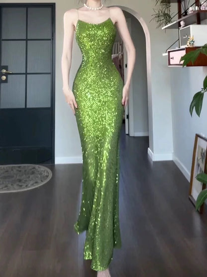 Glitter Mermaid Spaghetti Strap Sequin Green Sleeveless Outdoor Semi Formal Summer Garden Beach Event Outfits Wedding Guest Dresses RB4992