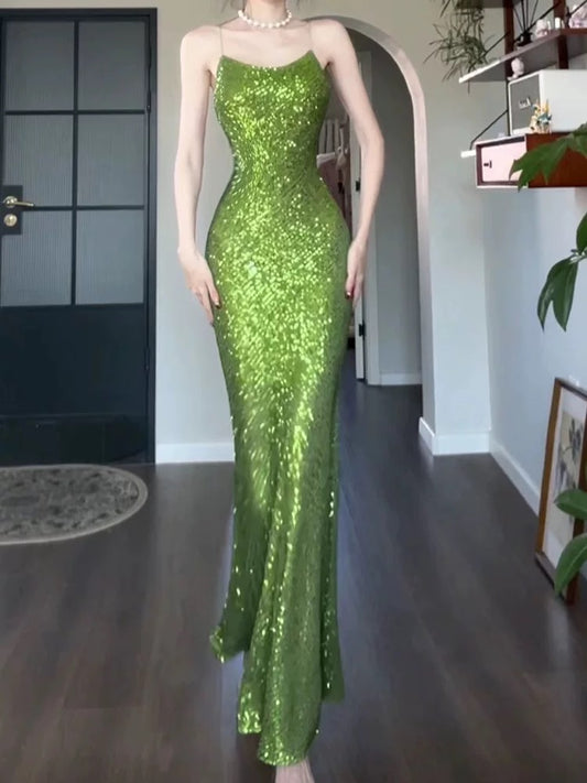 Glitter Mermaid Spaghetti Strap Sequin Green Sleeveless Outdoor Semi Formal Summer Garden Beach Event Outfits Wedding Guest Dresses RB4992