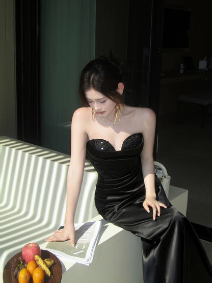 Elegant Mermaid Sweetheart Black Tie Sleeveless Waist-cinching Full-hem Maxi Dress Semi Formal Garden Beach Event Outfits Wedding Guest Dresses RB4993